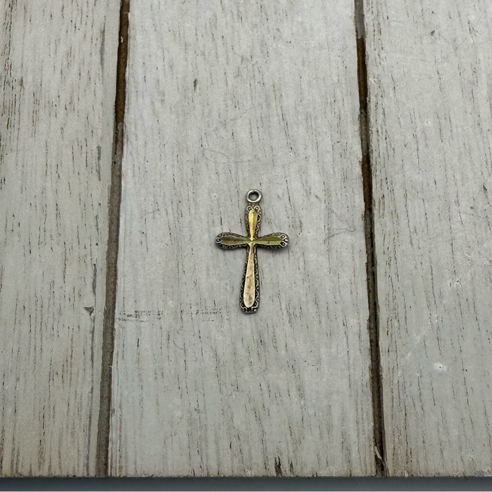 Vintage two tone white and yellow 10k Gold Cross Pendant